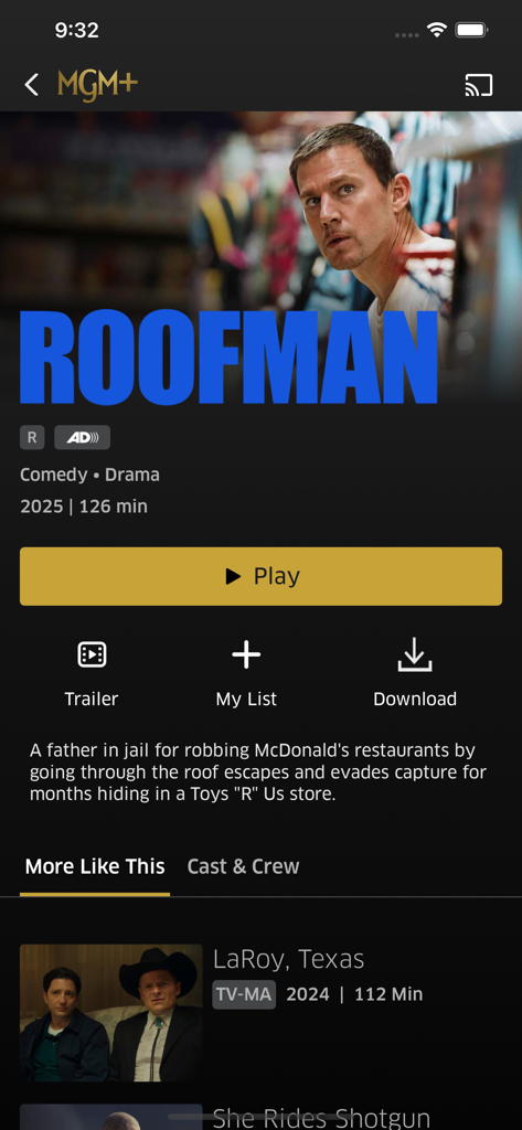 MGM plus mobile app movie details screen for Roofman showing play button and movie description