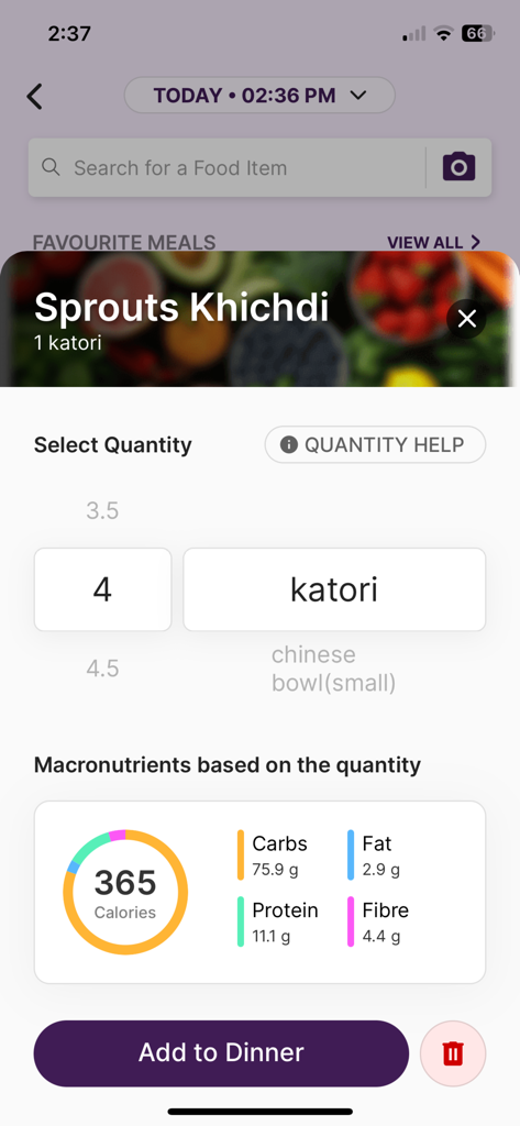 Sugar.fit app screen showing macronutrient breakdown and portion selection for Sprouts Khichdi