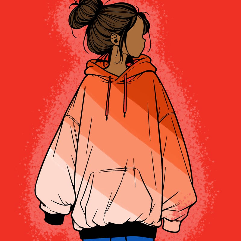 realistic girl with a oversized sweatshirt on and a bun