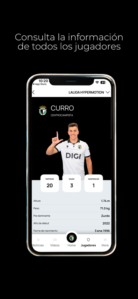 Burgos CF - App Oficial - Tela do aplicativo oficial do Burgos CF mostrando perfil do jogador e estatísticas da partida