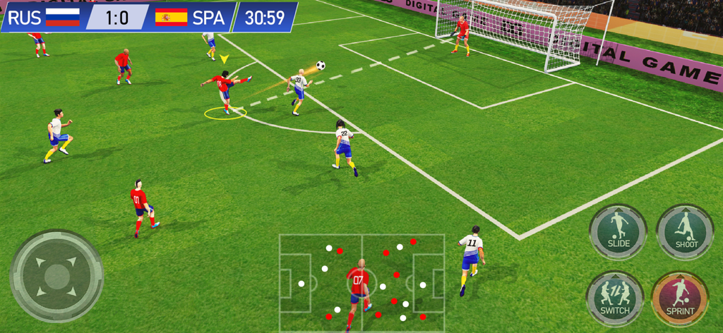 Play Football 2026- Real Goal - 画面上のコントロールでゴールを狙うプレイヤーが登場するPlay Football 2026の3Dモバイルサッカーマッチ