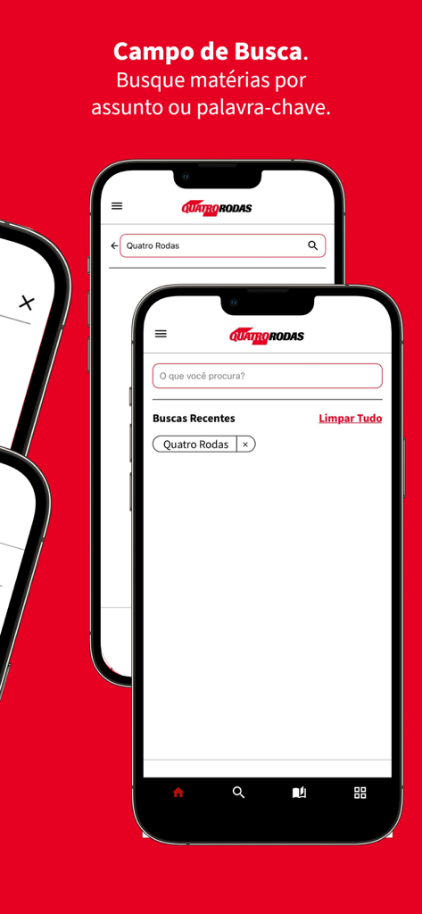 Quatro Rodas - Tela de busca do aplicativo Quatro Rodas exibindo uma barra de pesquisa e consultas recentes