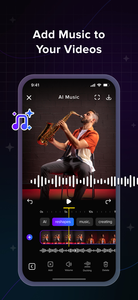 Interface of the AI Captions app showing a video editor screen with the feature Add Music to Your Videos highlighting a saxophone player and audio waveform controls.