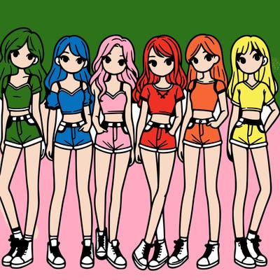 a group of girls wearing crop tops and shorts