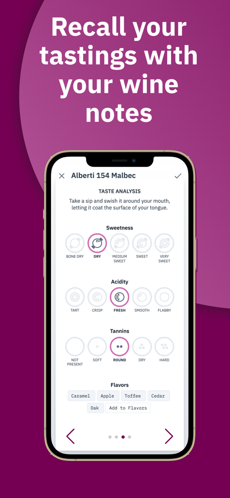 Vinnie app interface showing a wine taste analysis for a Malbec including sweetness and flavor profiles