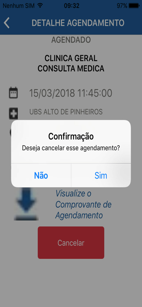 A mobile app screen showing a confirmation pop up to cancel a medical appointment in the Agenda Facil app