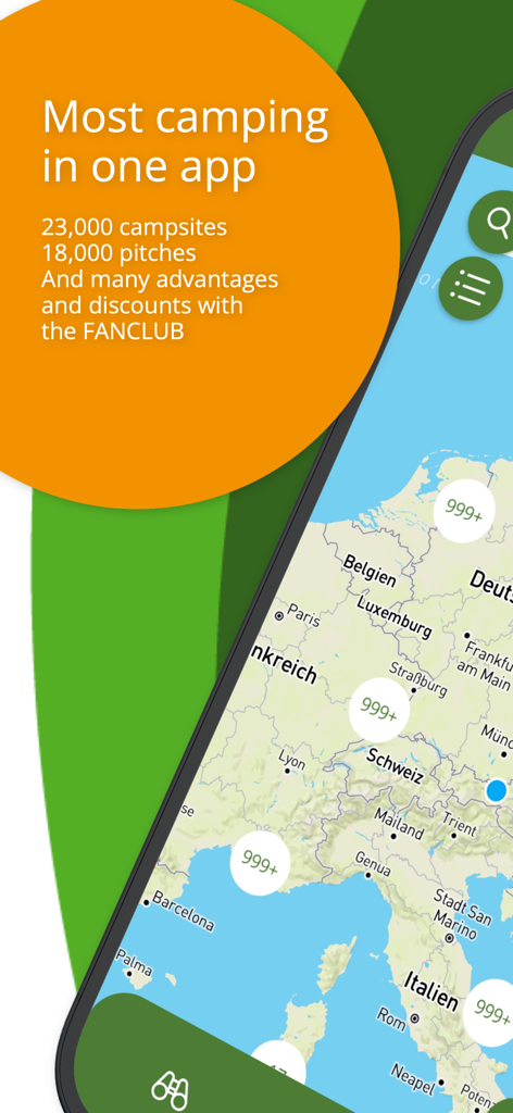 A mobile app screenshot showing a map of Europe with campsite markers and text highlighting 23,000 available campsites and 18,000 pitches.