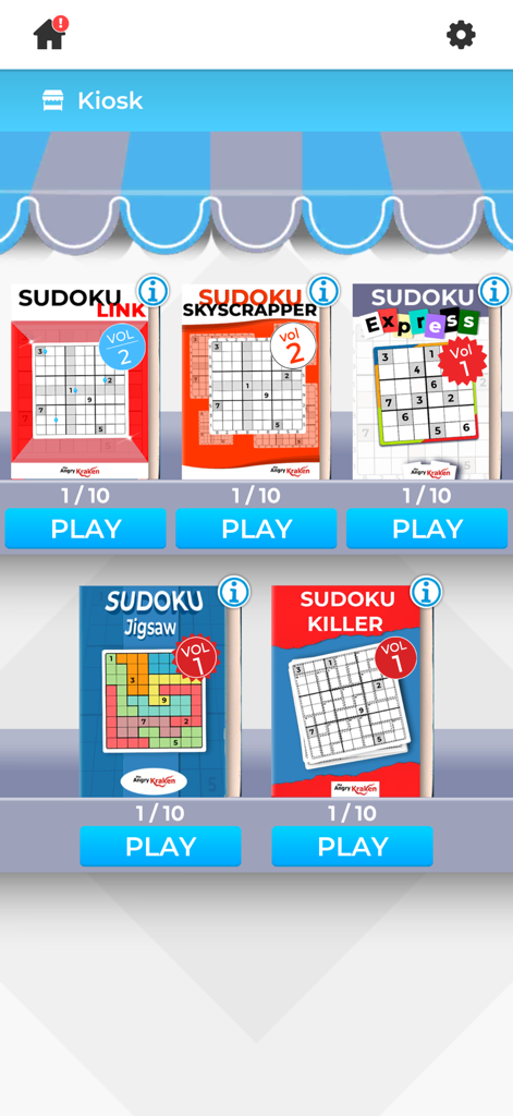 Digital kiosk selection screen showing various Sudoku modes like Killer, Jigsaw, and Skyscraper