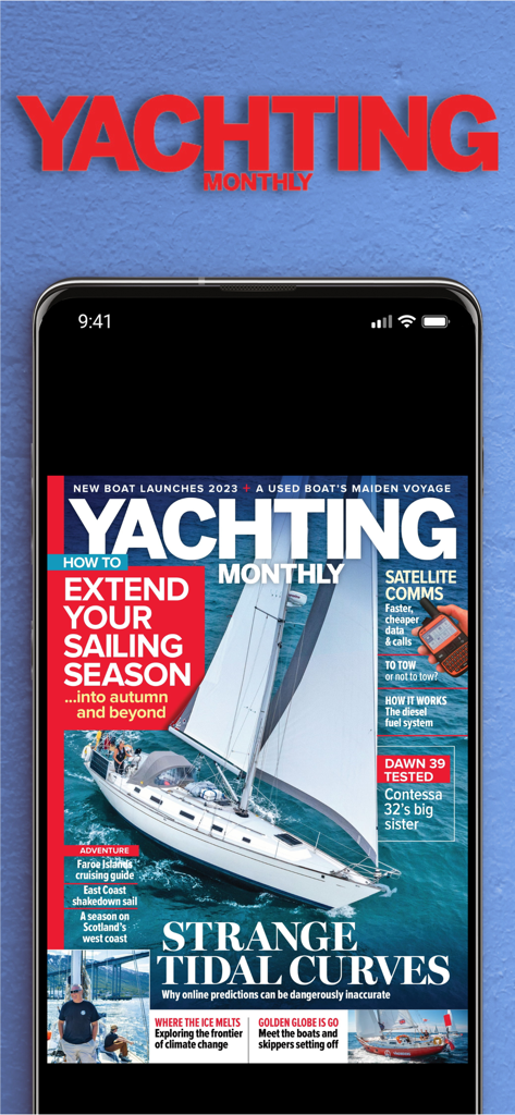Yachting Monthly Magazine NA - App della rivista Yachting Monthly su uno smartphone che mostra una copertina con una barca a vela e consigli di navigazione