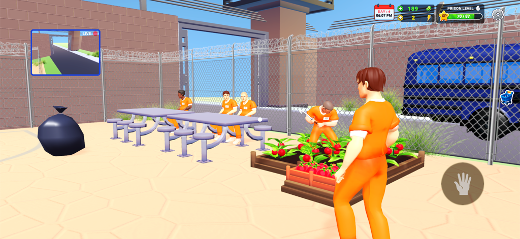 Prison Real Simulator - Inmates in orange uniforms gardening and sitting at tables in a prison yard