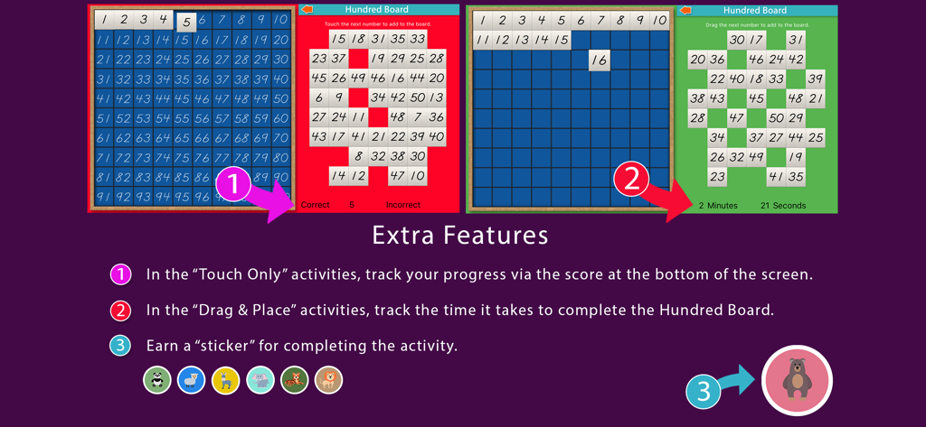 Hundred Board -Montessori Math - A display of extra features for the Hundred Board Montessori app highlighting score tracking, completion timers, and animal sticker rewards.