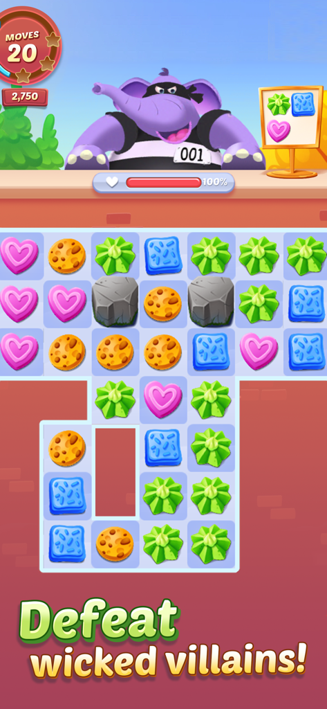 Cookie Cats™ - Cookie Cats game screen showing a puzzle board and a purple elephant villain boss