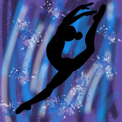 gymnast doing a leap in a leotard with a bent back leg