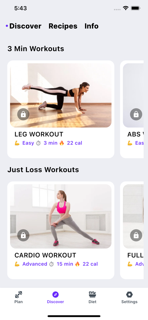 Asian Pilates: Daily Pilates - Interfaz de la aplicación móvil que muestra categorías de entrenamiento diario de Pilates y planes de ejercicio cortos.