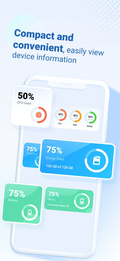Une interface mobile montrant des widgets d'état compacts pour l'utilisation du CPU, du stockage et de la batterie