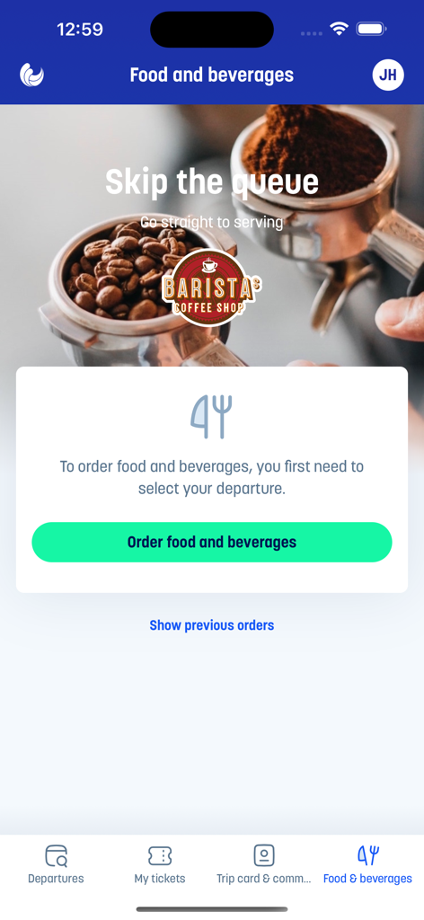 Interface of the MOLSLINJEN app showing the skip the queue feature for ordering food and beverages