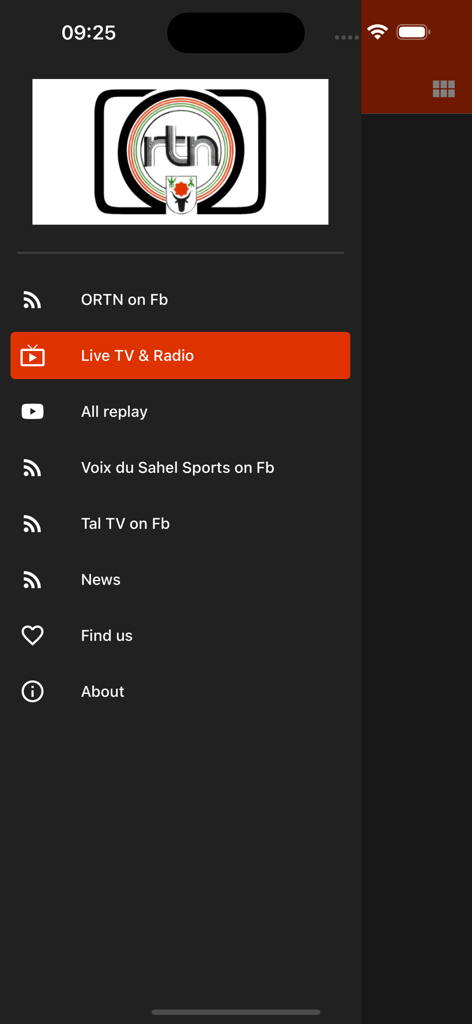 ORTN Télé Sahel - The side navigation menu of the ORTN Tele Sahel app featuring Live TV and Radio options