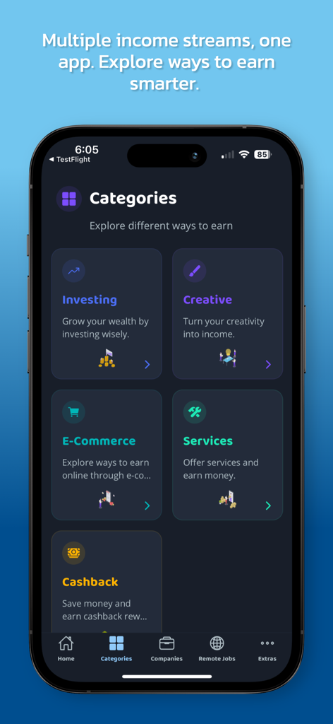 Feta - Make Money Online - Feta app categories screen displaying different ways to earn money like investing and creative work