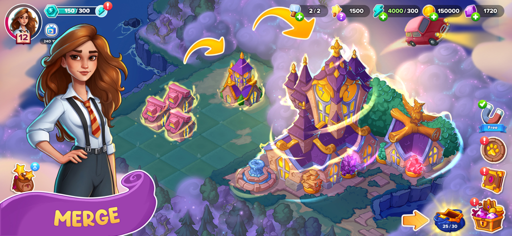 Ginny ao lado de casas mágicas se fundindo em um grande castelo em Fable Town