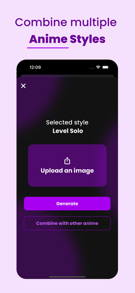 Anime Filter: AniMe - App-Oberfläche mit Optionen zum Hochladen eines Bildes und zum Kombinieren mehrerer Anime-Stile