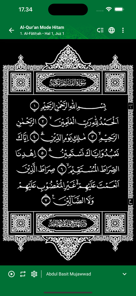 Quran Kemenag app interface showing Surah Al-Fatihah in dark mode