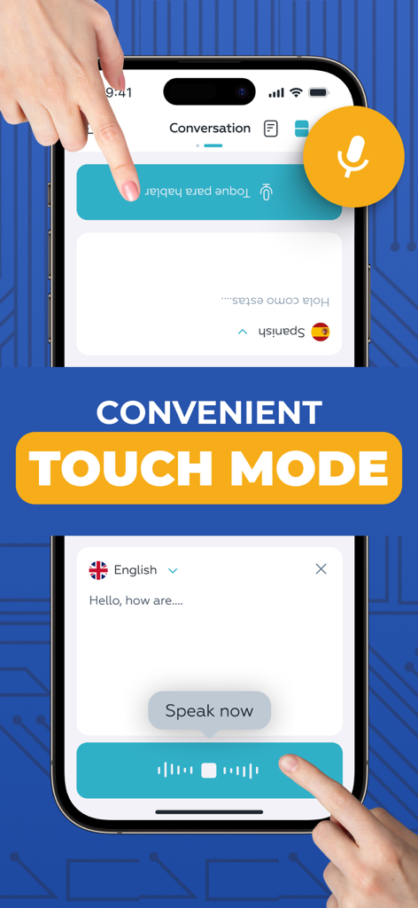 Captura de pantalla de la aplicación móvil que muestra el Modo Táctil para traducción de voz en tiempo real con pantalla dividida