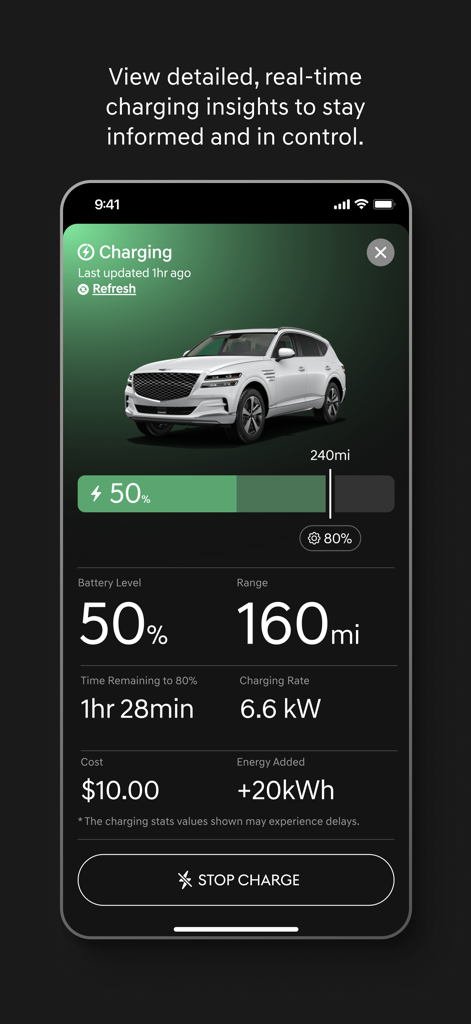 Genesis Intelligent Assistant - Smartphone screen displaying Genesis vehicle charging status battery level and range