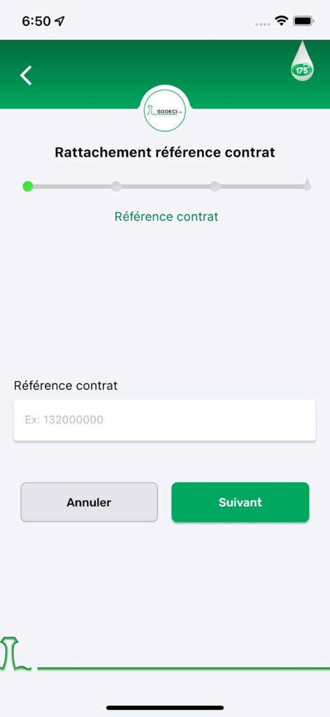Ma SODECI en ligne - Contract reference linking screen in the Ma SODECI en ligne mobile app