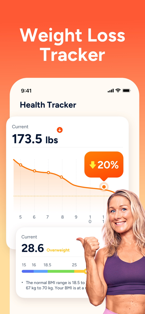 Eato®: Calorie Counter - Mobile app interface displaying weight loss progress graph and BMI metrics with a smiling woman