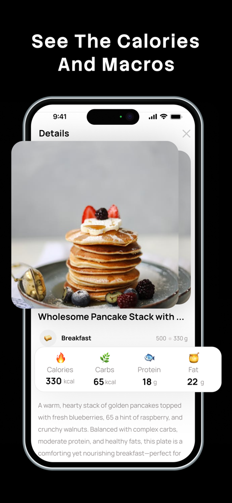 Cal AI: Calorie Scanner App - Cal AI app screen showing calorie and macronutrient data for a stack of pancakes