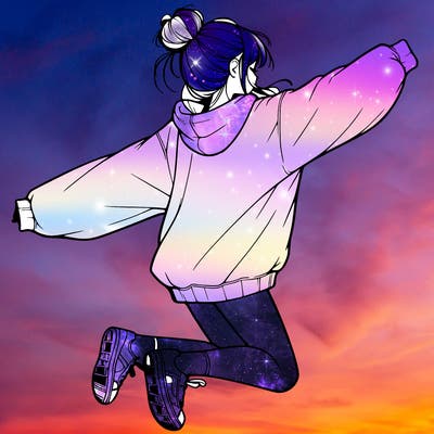 realistic girl jumping with a bun and oversized sweatshirt