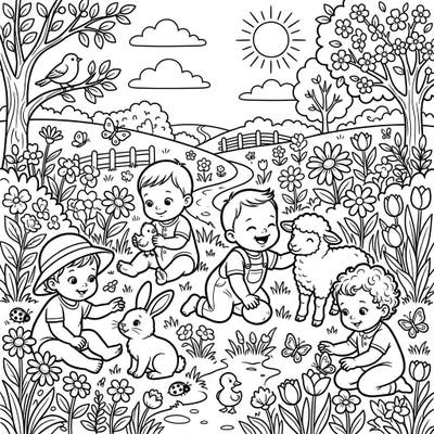 Dive into the cheerful world of spring with this adorable coloring page featuring happy babies exploring the outdoors. They're making new friends with farm animals and enjoying the beauty of blooming flowers under the warm sun.