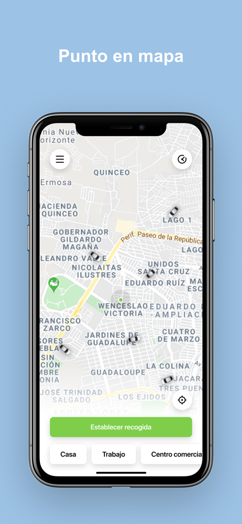 Bit Pro配車アプリの地図ビュー。近くの車と、乗車地点を設定するボタンが表示されています