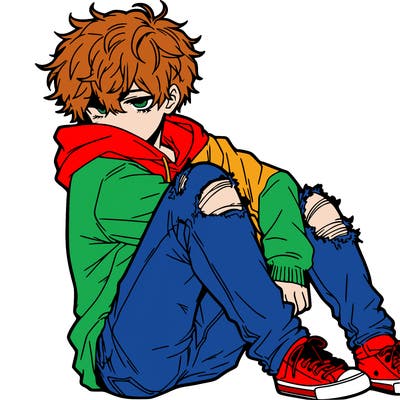 a male hoddie ripped jeans messy hair anime