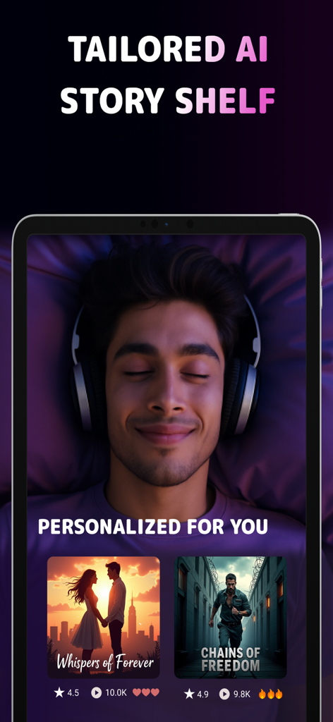 AI Story Generator Novel Maker - Mobile app screen showing a tailored AI story shelf with personalized novel recommendations like Whispers of Forever and Chains of Freedom