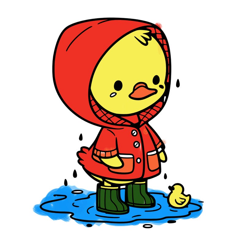 baby duck in a rain coat and boots, in a puddle while it’s raining