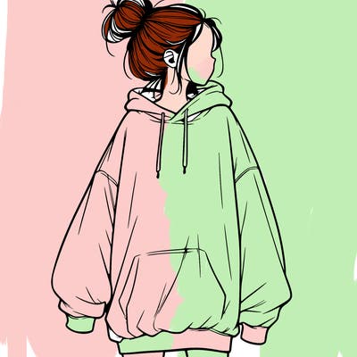 realistic girl with a oversized sweatshirt on and a bun