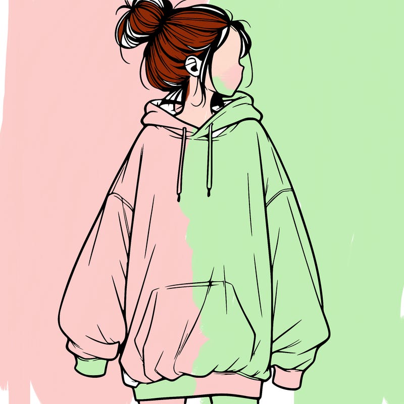 realistic girl with a oversized sweatshirt on and a bun