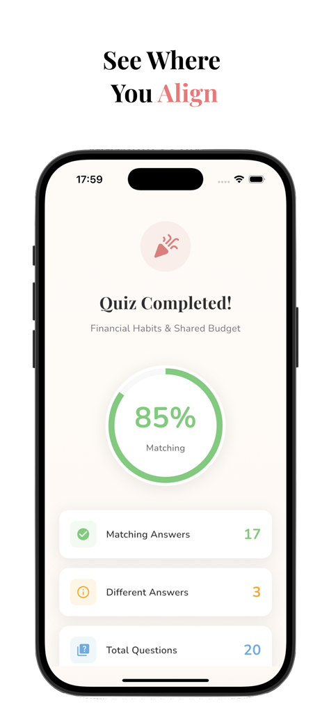 Before Yes: Pre Marriage Games - Before Yes app screenshot showing an 85 percent compatibility score after a financial habits quiz