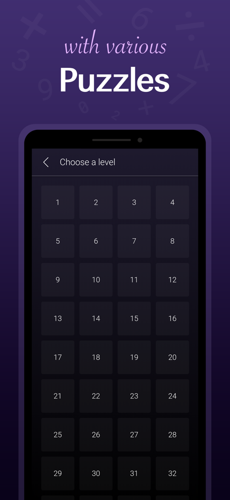 Math: Riddles and Puzzles - Level selection screen of the Math Riddles and Puzzles app featuring a grid of numbered levels on a dark background.