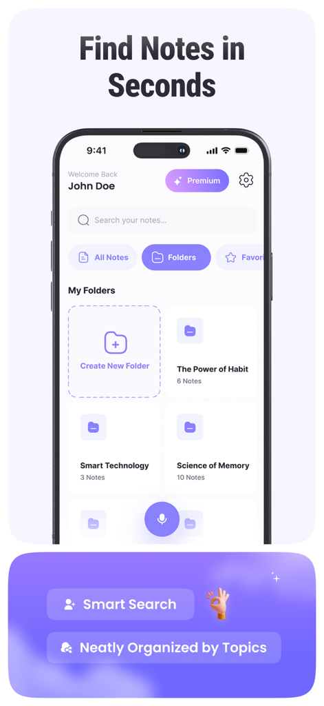 AI Meeting Note Taker - NoteAI - Interfaccia dell'app NoteAI che mostra la ricerca intelligente e l'organizzazione degli appunti in cartelle.