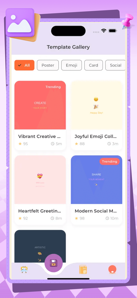 Jomil - Uma tela de aplicativo móvel exibindo uma galeria de modelos de design coloridos para pôsteres e posts de mídia social
