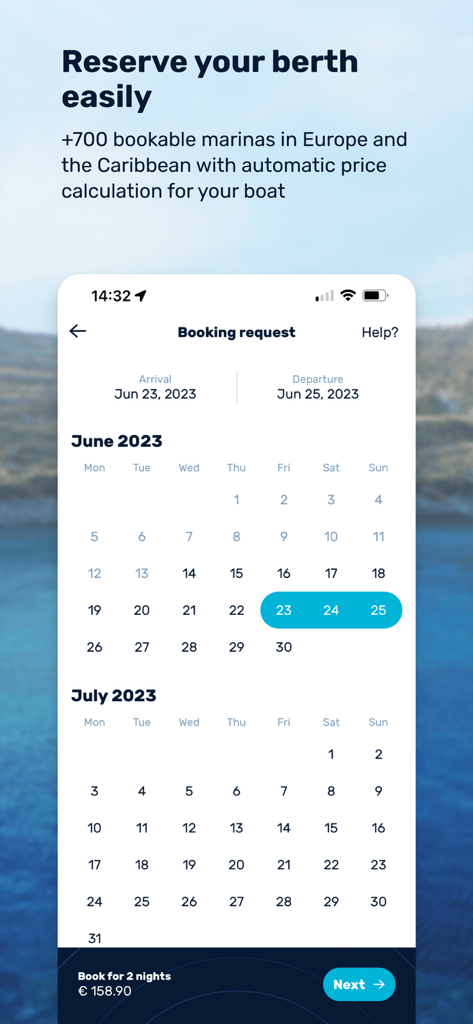 Navily - Navily app screen displaying a calendar for booking a marina berth and the total price for two nights