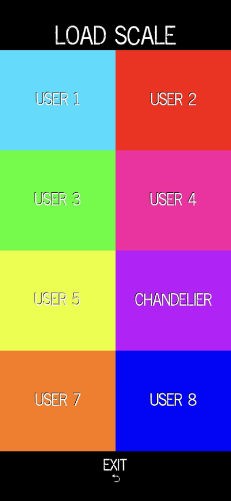 Pocket Talkbox - Pocket Talkbox app interface showing the Load Scale screen with colorful buttons for user-defined musical presets