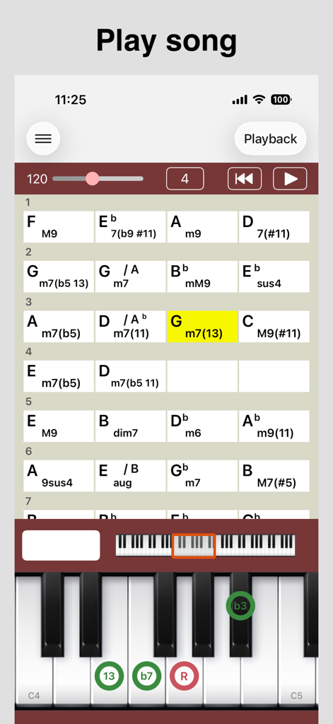 Interface of the Piano Chords Master app showing a sequence of complex chords and a piano keyboard highlighting note intervals.