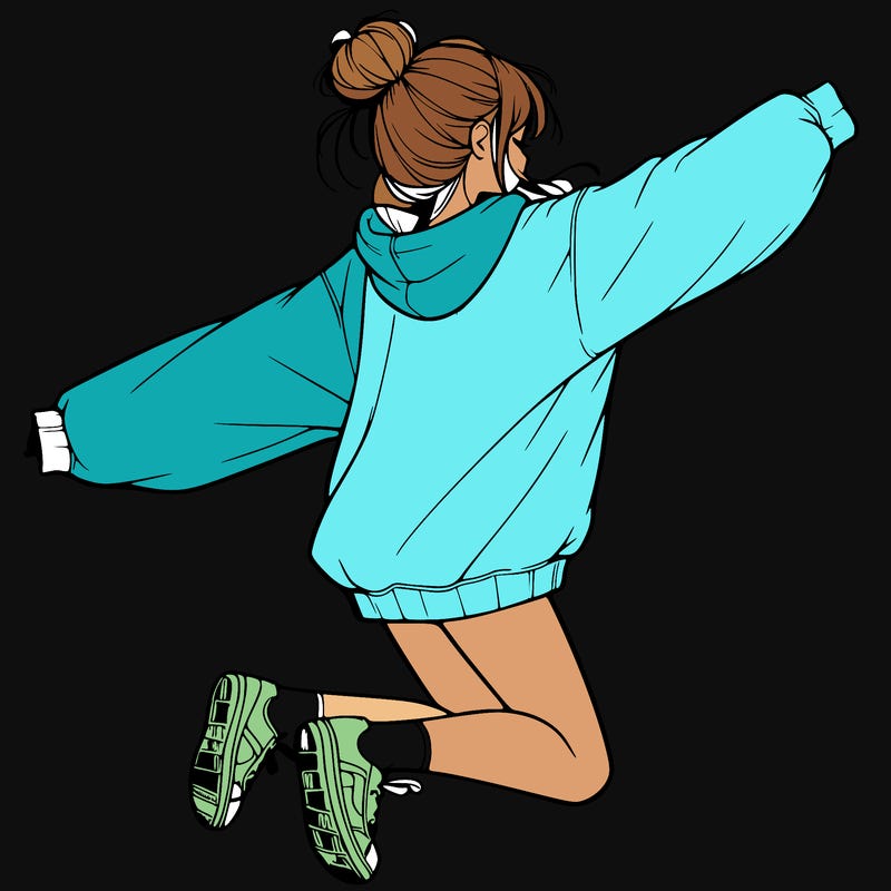 realistic girl jumping with a bun and oversized sweatshirt