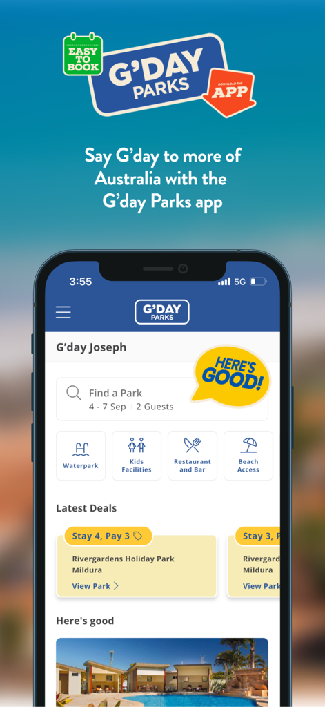 G'day Parks app home screen featuring park search and amenity filters for travel planning.
