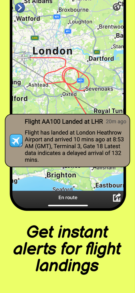 Flight Tracker, Plane Radar 24 - Flight tracker app notification showing a flight landing at London Heathrow airport