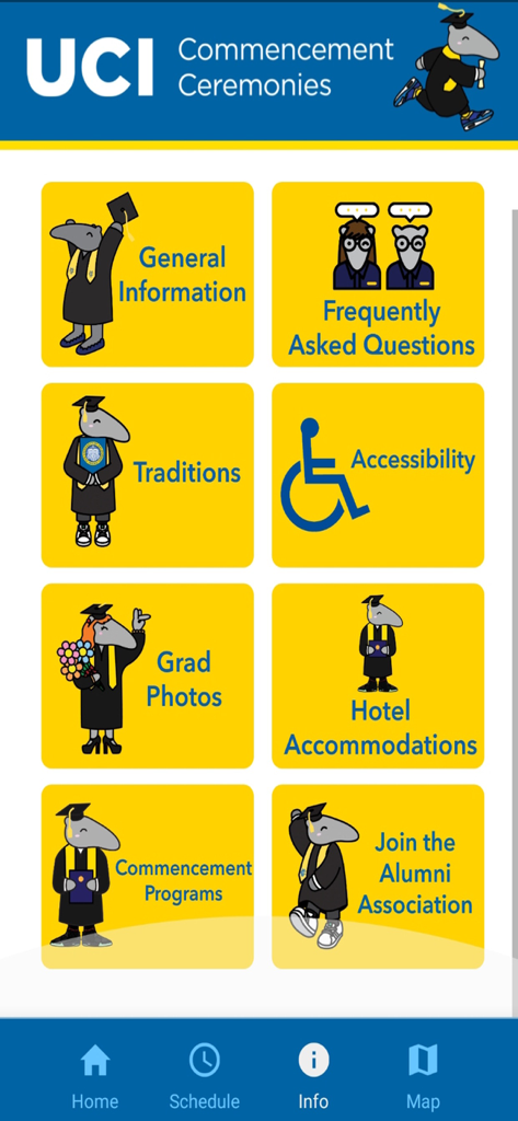 UC Irvine Commencement app information menu with graduation resources and Peter the Anteater mascot.