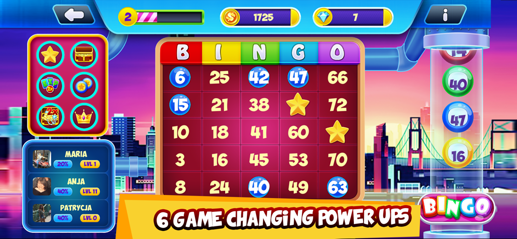 Bingo Frenzy gameplay screenshot showing a bingo card and various power ups